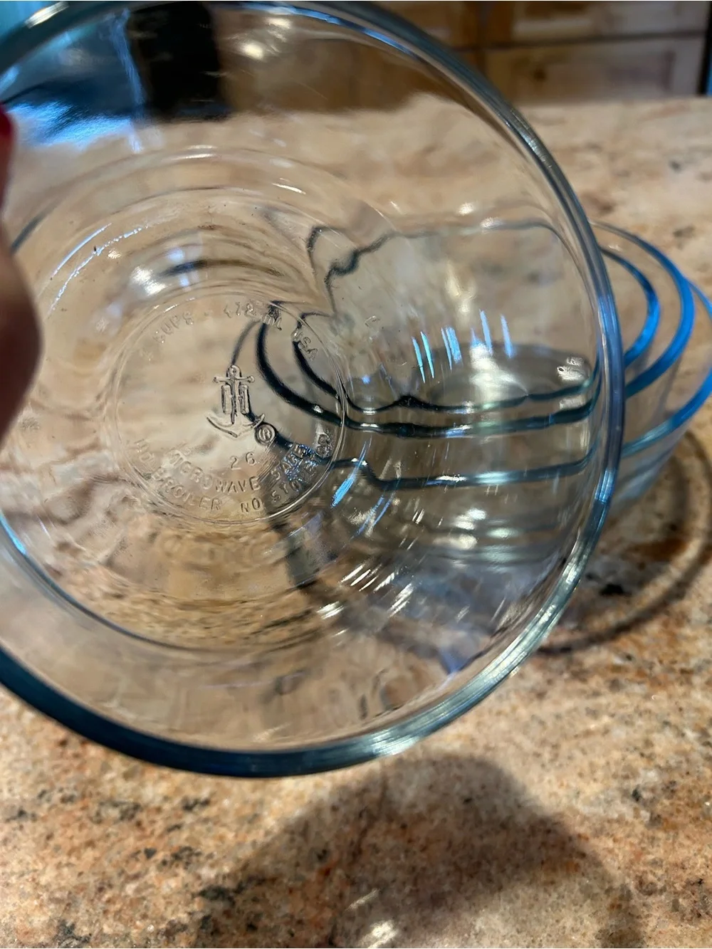 Anchor Hocking Gray Blue Rim Clear Glass Mixing Bowl Set (5) 1C,2C,4C,7C & 8Cup.